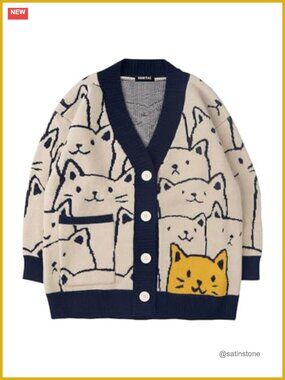 Cat Print V-Neck Cardigan for Men | Oversized Knit Long Sleeve Button Sweater